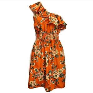 Prevette orange floral one shoulder mini smocked waist dress size small
